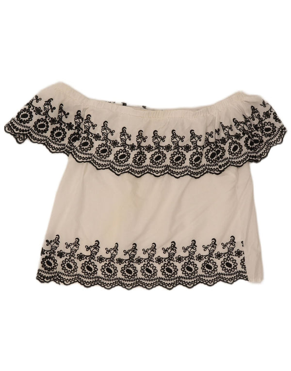 Lipsy Womens Crop Off Shoulder Top UK 14 Large White Floral Cotton