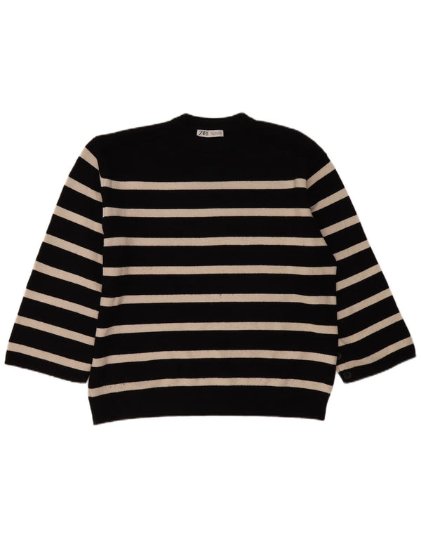 Zara Womens 3/4 Sleeve Crew Neck Jumper Sweater UK 14 Medium Black Striped