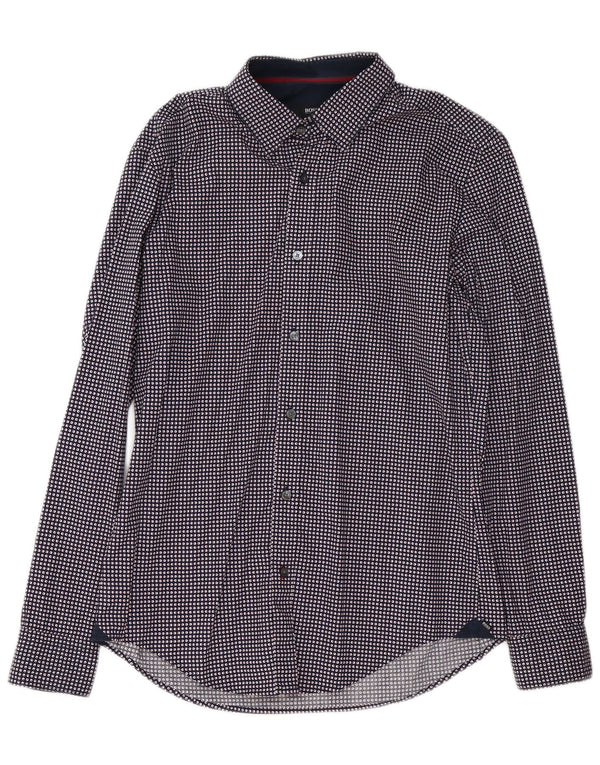 Hugo Boss Mens Slim Fit Shirt Medium Navy Blue Spotted Cotton