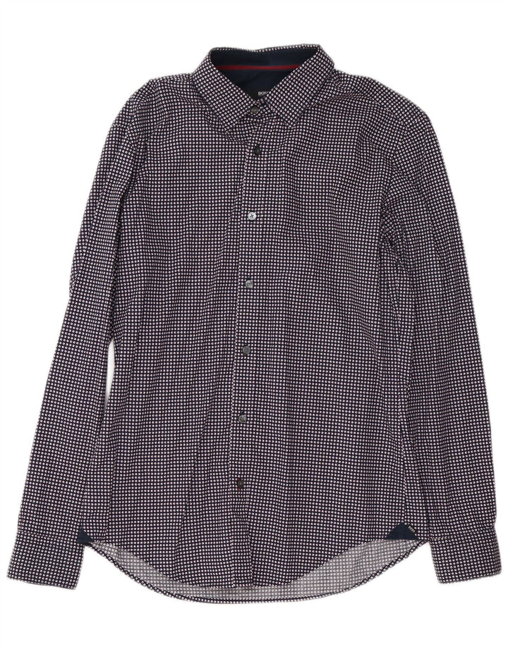 Hugo Boss Mens Slim Fit Shirt Medium Navy Blue Spotted Cotton