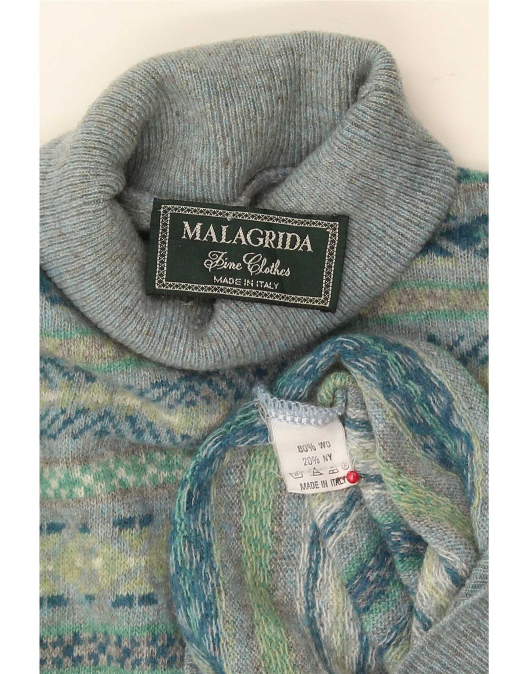 Malagrida Mens Roll Neck Jumper Sweater Medium Multicoloured Fair Isle Wool