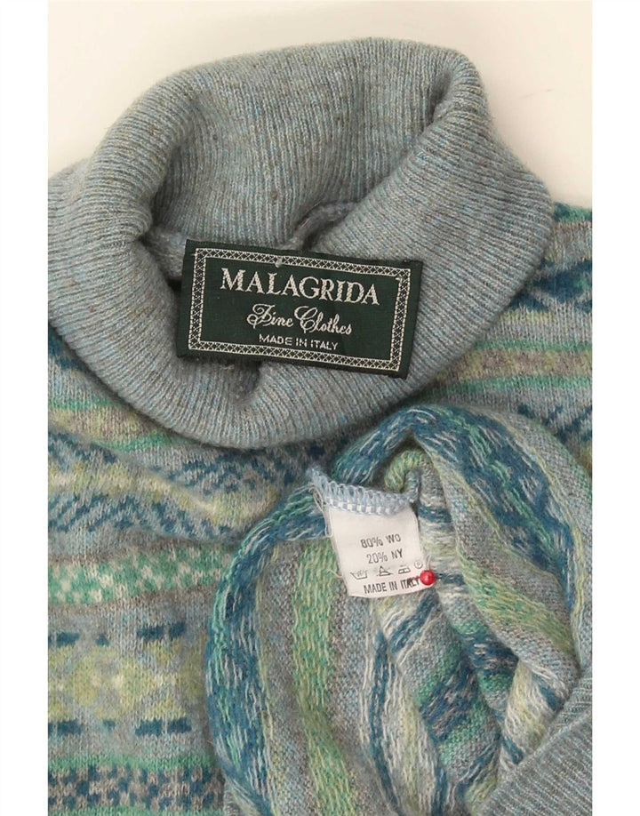 Malagrida Mens Roll Neck Jumper Sweater Medium Multicoloured Fair Isle Wool
