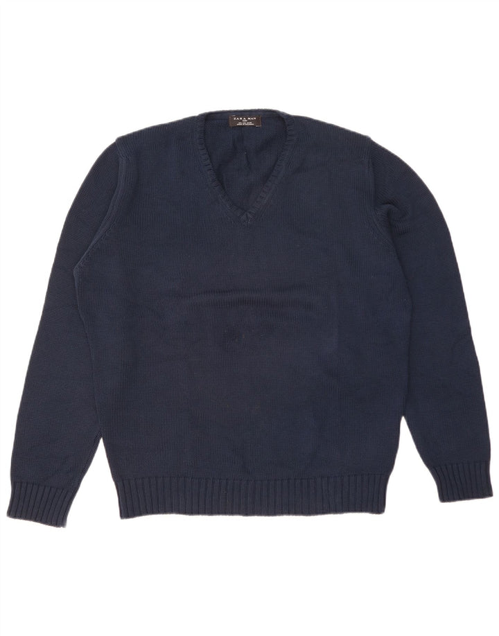 Zara Mens V-Neck Jumper Sweater Large Navy Blue Cotton