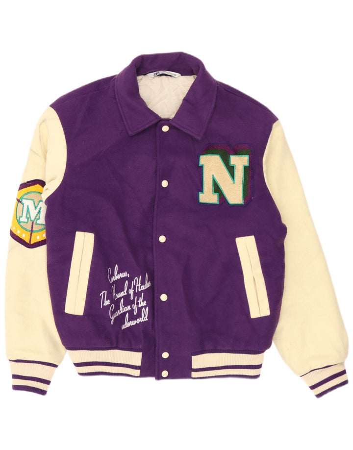 ZARA Mens Graphic Varsity Jacket UK 38 Medium Purple Colourblock Polyester