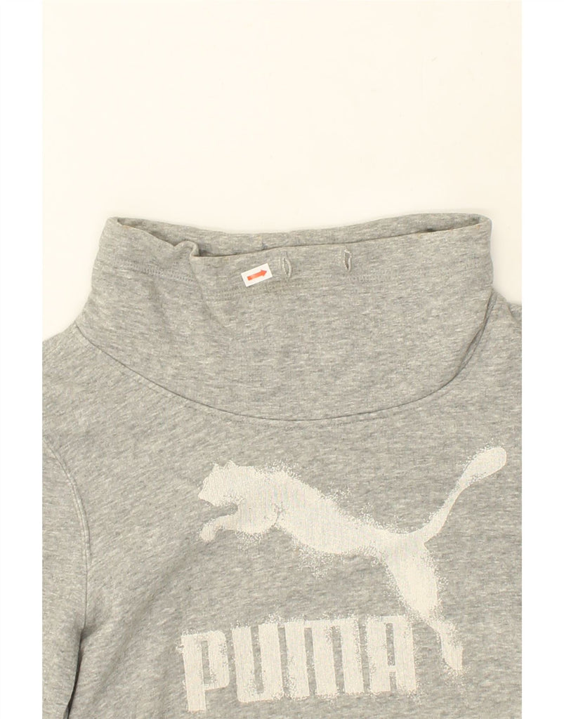 PUMA Womens Graphic Roll Neck Sweatshirt Jumper UK 12 Medium Grey Cotton | Vintage Puma | Thrift | Second-Hand Puma | Used Clothing | Messina Hembry 