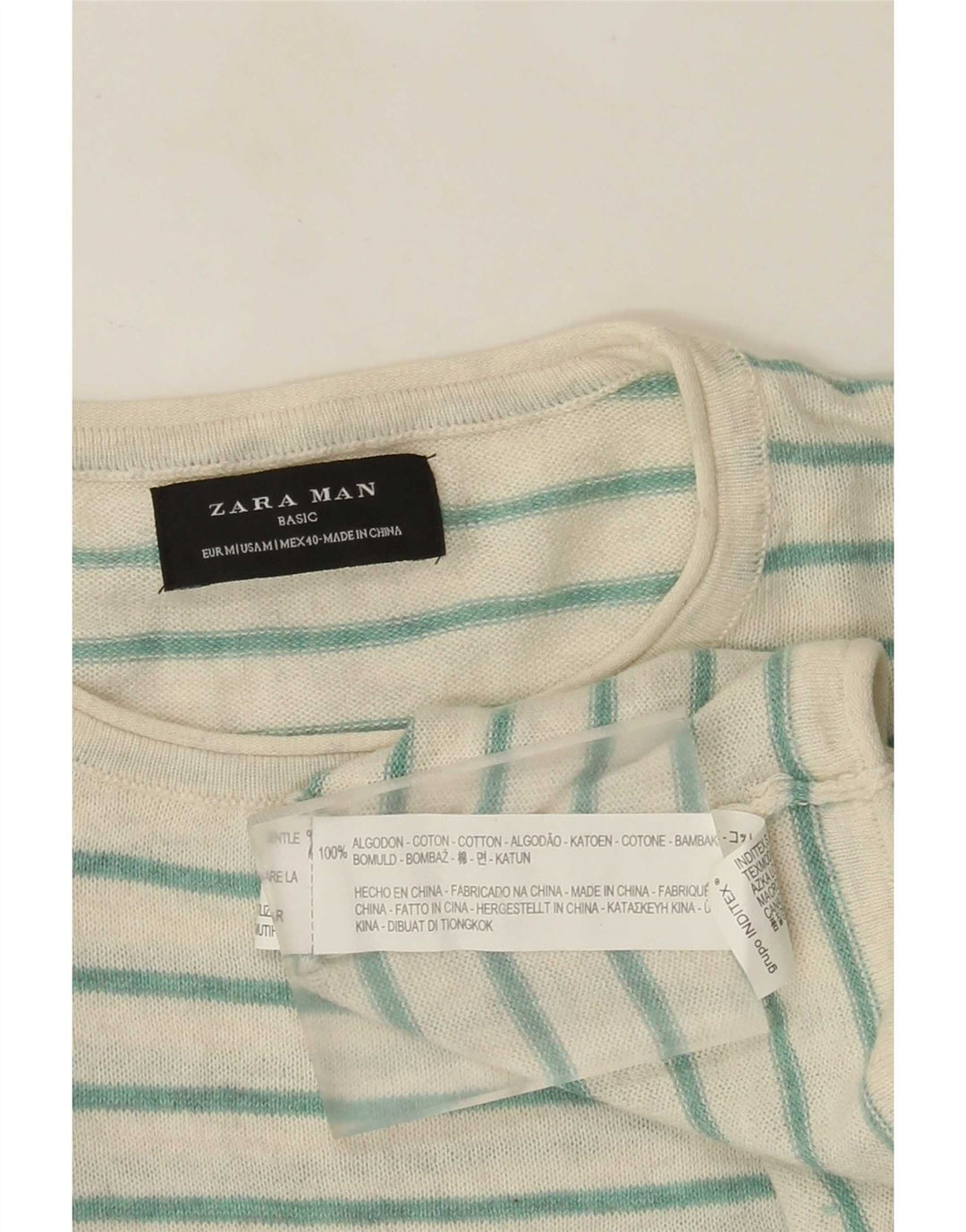 Zara Mens Crew Neck Jumper Sweater Medium Green Striped Cotton