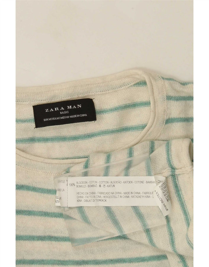 Zara Mens Crew Neck Jumper Sweater Medium Green Striped Cotton