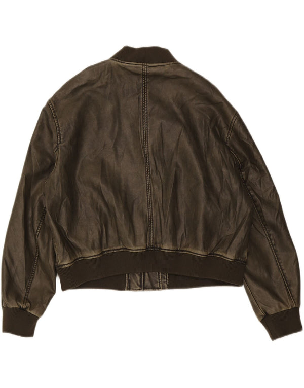 Vintage Womens Crop Faux Leather Bomber Jacket UK 16 Large Brown
