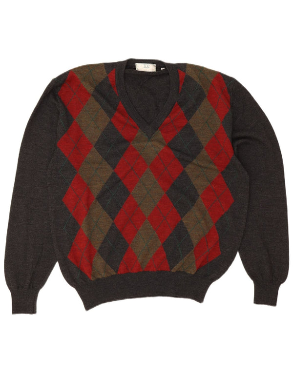 Vintage Mens V-Neck Jumper Sweater IT 50 Medium Grey Argyle/Diamond
