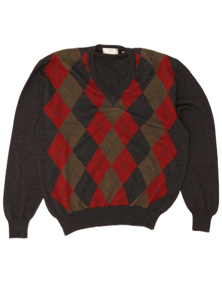 Vintage Mens V-Neck Jumper Sweater IT 50 Medium Grey Argyle/Diamond