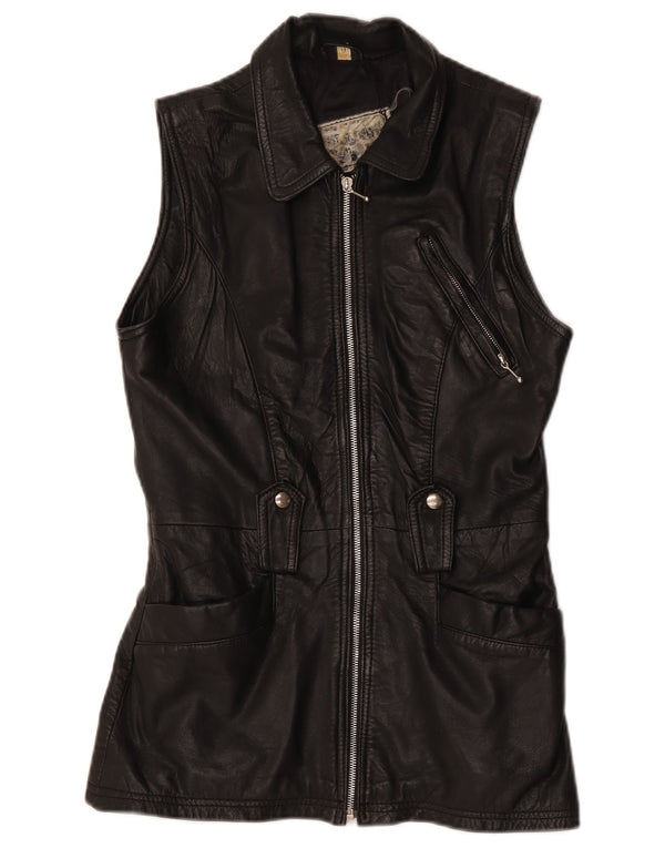 Vintage Womens Leather Gilet UK 12 Medium Black