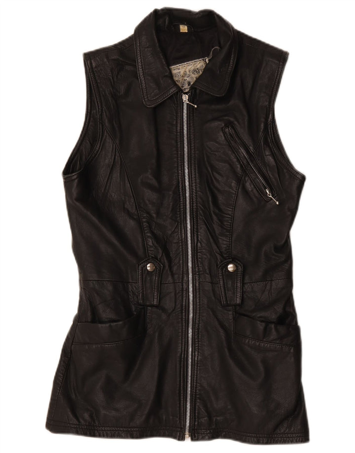 Vintage Womens Leather Gilet UK 12 Medium Black
