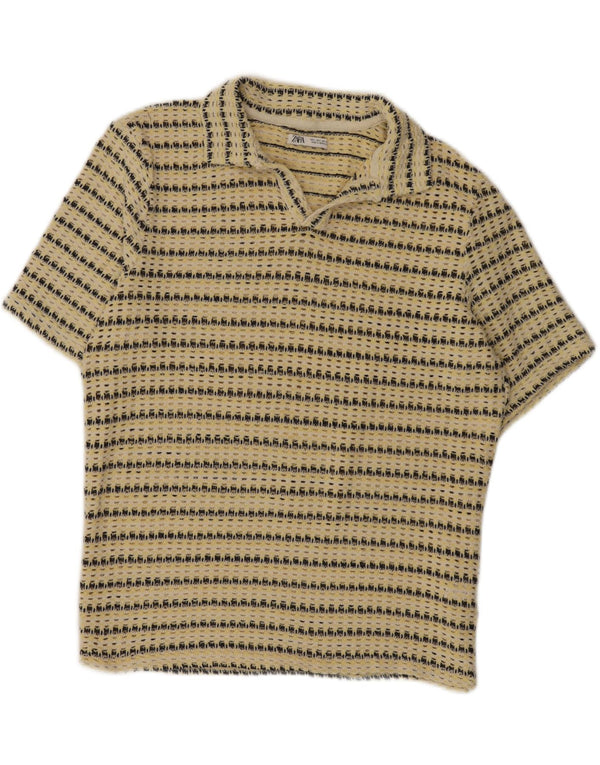 Zara Womens Crochet Polo Shirt UK 16 Large Yellow Striped Cotton