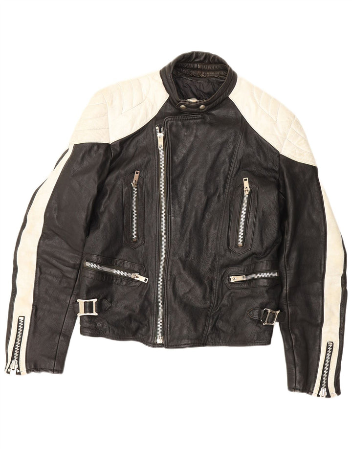 Vintage Mens Leather Racer Jacket UK 38 Medium Black Colourblock