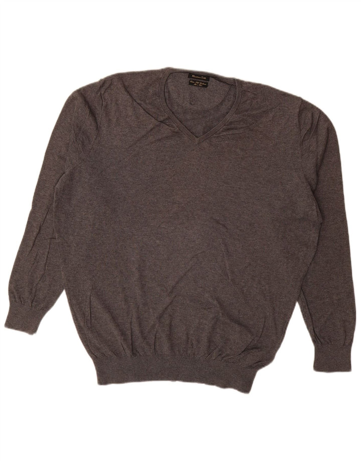 MASSIMO DUTTI Mens V-Neck Jumper Sweater XL Grey Cotton