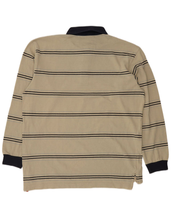 Sergio Tacchini Mens Long Sleeve Rugby Polo Shirt 2XL Beige Striped Cotton