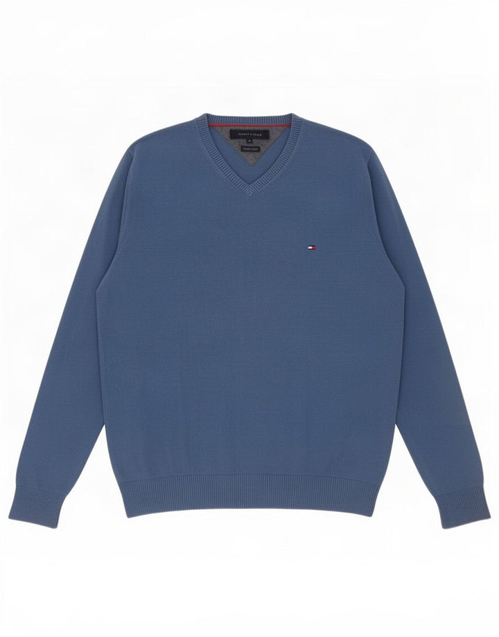Tommy Hilfiger Mens V-Neck Jumper Sweater Medium Blue Cotton