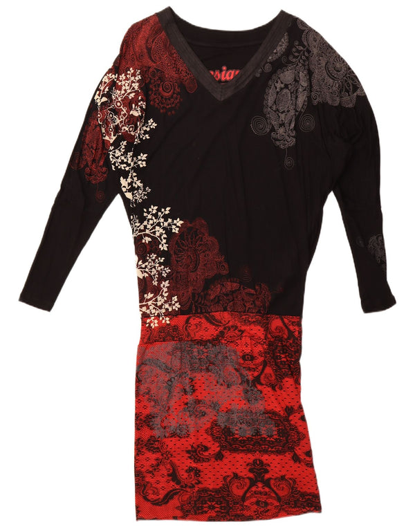 Desigual Womens Loose Fit Drop Waist Dress UK 10 Small Black Floral Viscose