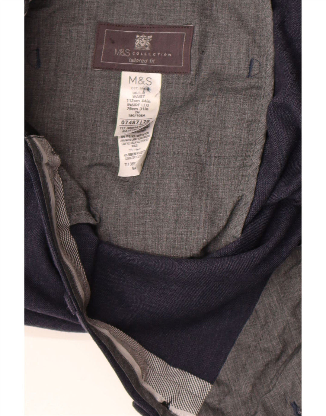 Marks & Spencer Mens Regular Fit Suit Trousers W44 L31 Navy Blue Wool