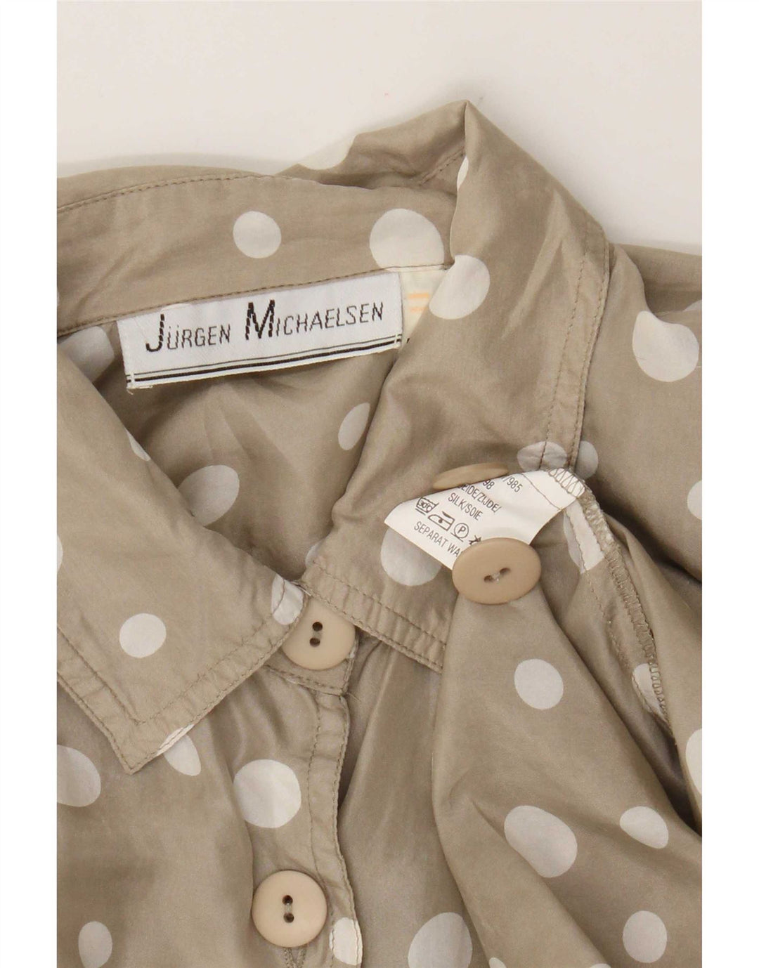 Jurgen Michaelsen Womens Shirt UK 14 Medium Beige Polka Dot Silk