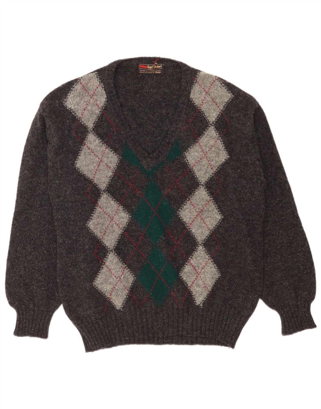 Rodrigo Mens V-Neck Jumper Sweater Large Grey Argyle/Diamond Wool