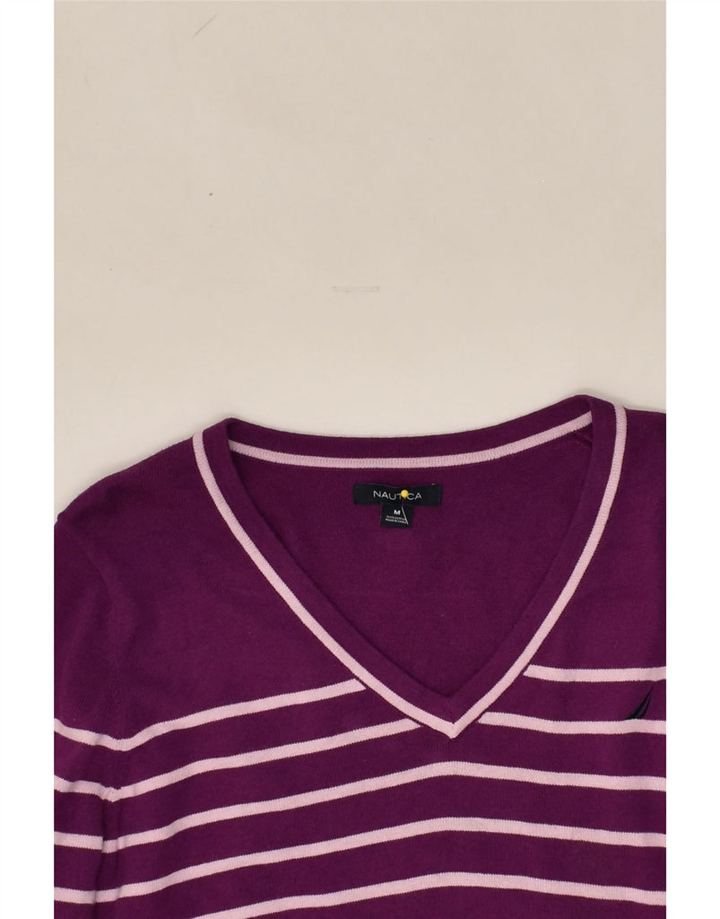 NAUTICA Womens V-Neck Jumper Sweater UK 14 Medium Purple Striped Cotton | Vintage Nautica | Thrift | Second-Hand Nautica | Used Clothing | Messina Hembry 