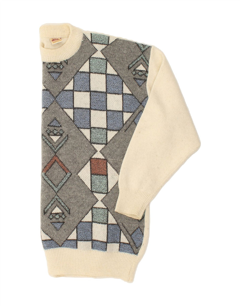 VINTAGE Mens Crew Neck Jumper Sweater Medium White Geometric New Wool Vintage Vintage and Second-Hand Vintage from Messina Hembry 