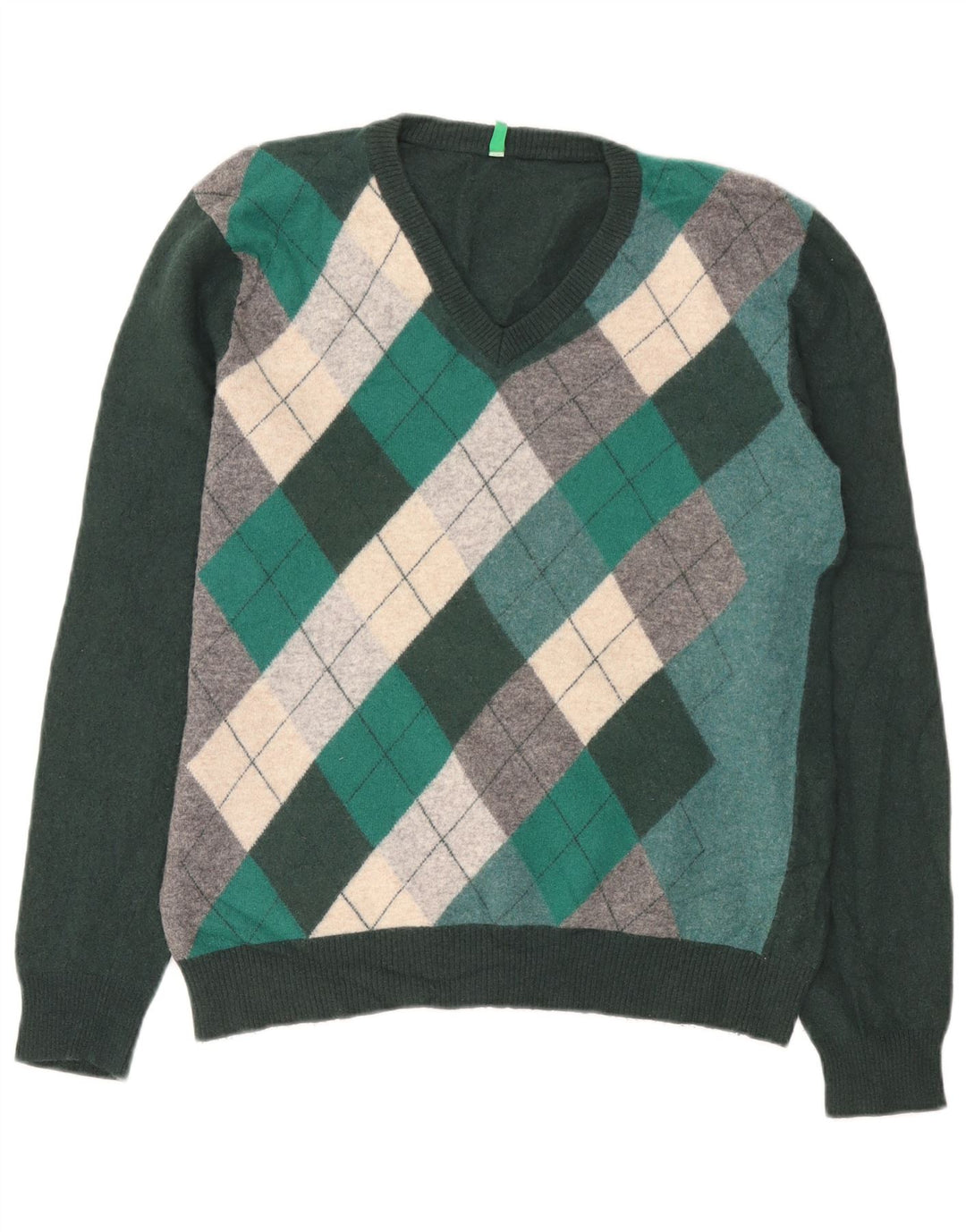 Benetton Womens V-Neck Jumper Sweater UK 14 Medium Green Argyle/Diamond