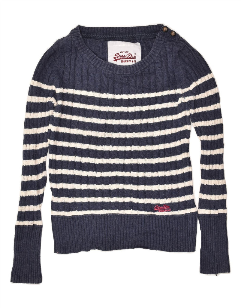 SUPERDRY Womens Boat Neck Jumper Sweater UK 12 Medium Navy Blue Striped | Vintage Superdry | Thrift | Second-Hand Superdry | Used Clothing | Messina Hembry 