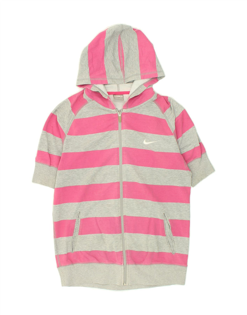 NIKE Womens Short Sleeve Zip Hoodie Sweater UK 10/12 Medium Pink Striped | Vintage Nike | Thrift | Second-Hand Nike | Used Clothing | Messina Hembry 