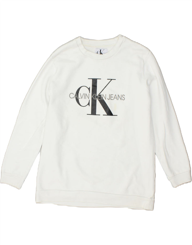 CALVIN KLEIN Womens Graphic Sweatshirt Jumper UK 16 Large White Cotton | Vintage Calvin Klein | Thrift | Second-Hand Calvin Klein | Used Clothing | Messina Hembry 