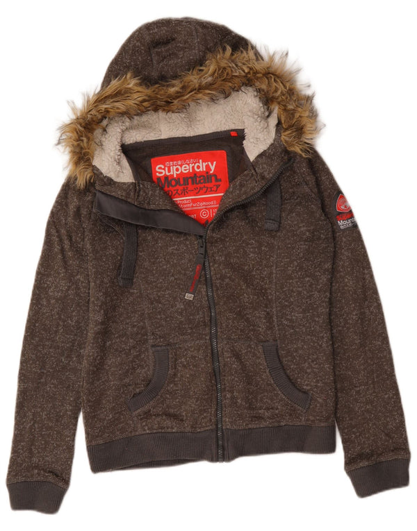 Superdry Womens Zip Hoodie Sweater UK 14 Medium Brown Flecked Cotton