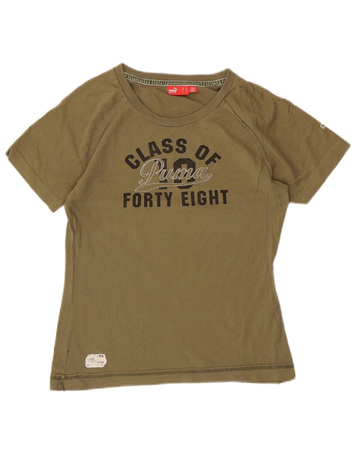 PUMA Womens Graphic T-Shirt Top UK 12 Medium Khaki Cotton