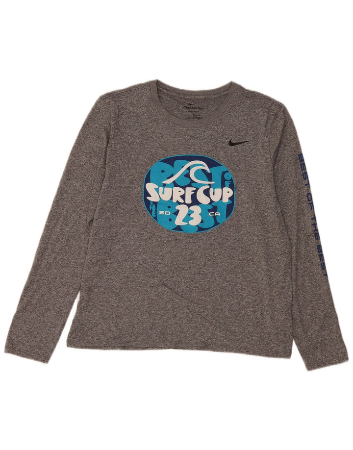 NIKE Womens Dri Fit Graphic Top Long Sleeve UK 14 Medium Grey Flecked