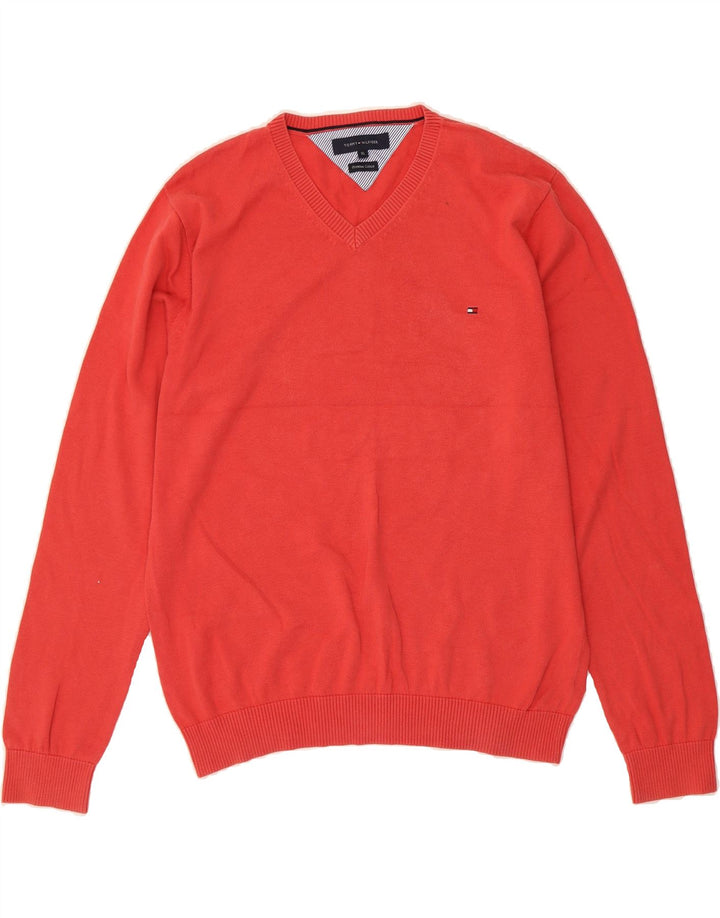 TOMMY HILFIGER Mens V-Neck Jumper Sweater XL Red Cotton Vintage Tommy Hilfiger and Second-Hand Tommy Hilfiger from Messina Hembry 