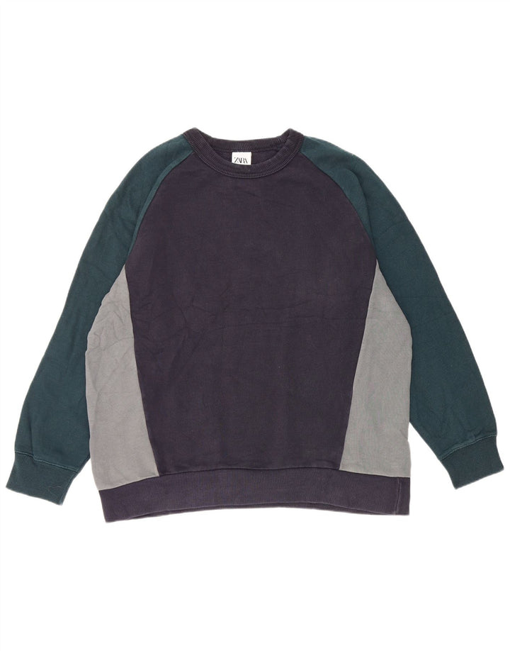 Zara Mens Sweatshirt Jumper XL Navy Blue Colourblock Cotton