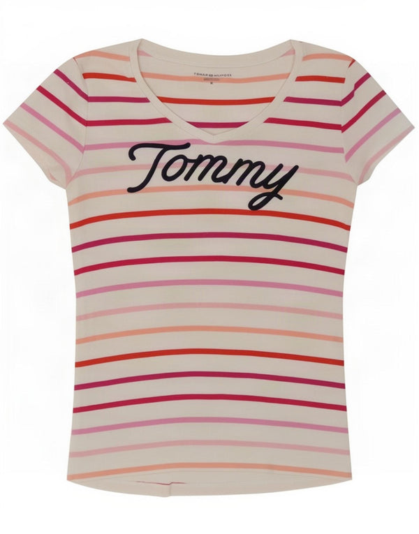 Tommy Hilfiger Womens Graphic T-Shirt Top UK 14 Medium White Striped Cotton