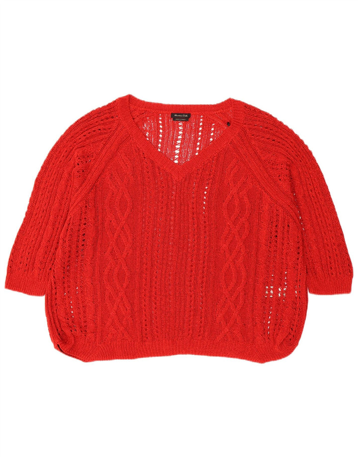 Massimo Dutti Womens See Through V-Neck Jumper Sweater UK 18 XL Red