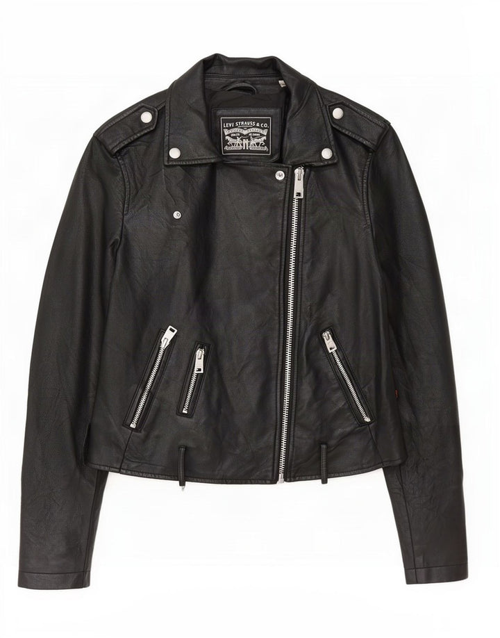 Levi's Womens Crop Faux Leather Biker Jacket UK 10 Small Black Polyurethane