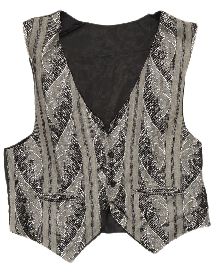 Vintage Mens Abstract Pattern Waistcoat Small Grey Rayon
