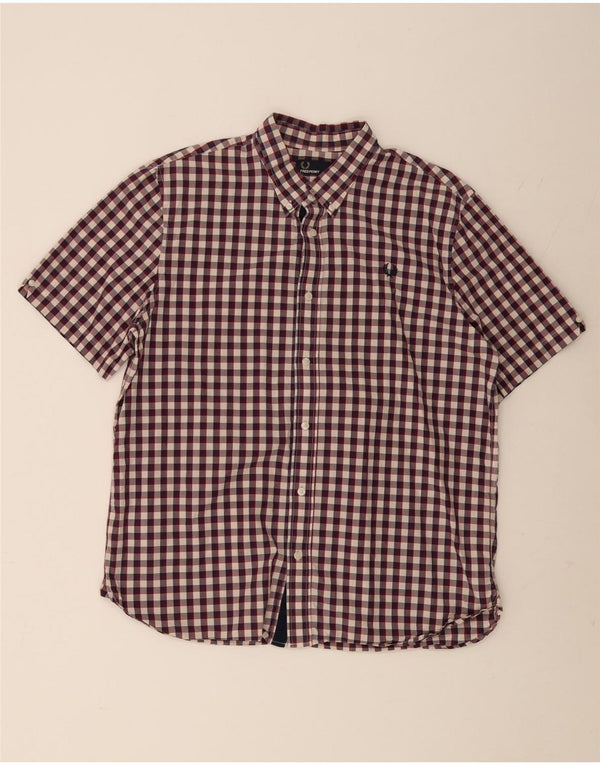 Fred Perry Mens Short Sleeve Shirt XL Burgundy Gingham Cotton
