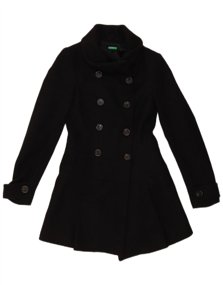 Benetton Womens Double Breasted Coat IT 40 Small Black Wool