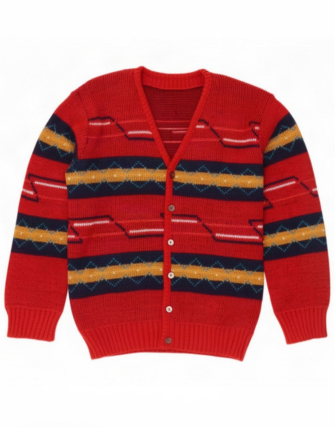 Vintage Mens Cardigan Sweater Medium Red Geometric Acrylic