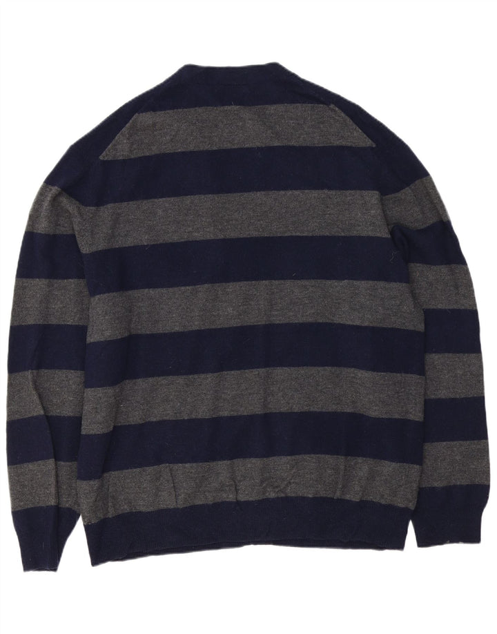 FRENCH CONNECTION Mens Cardigan Sweater 2XL Navy Blue Striped Lambswool