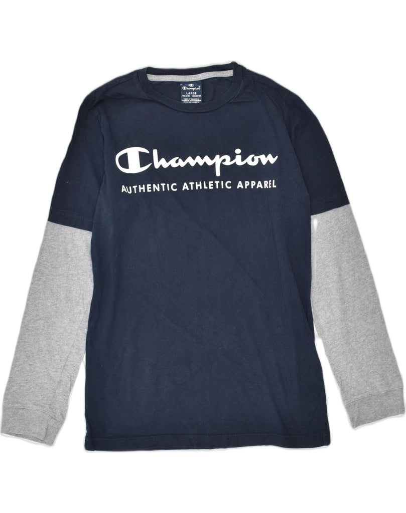 CHAMPION Boys Graphic Top Long Sleeve 11-12 Years Large Navy Blue | Vintage | Thrift | Second-Hand | Used Clothing | Messina Hembry 