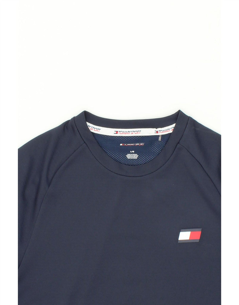 TOMMY HILFIGER Mens Slim Graphic T-Shirt Top Large Navy Blue Colourblock Vintage Tommy Hilfiger and Second-Hand Tommy Hilfiger from Messina Hembry 