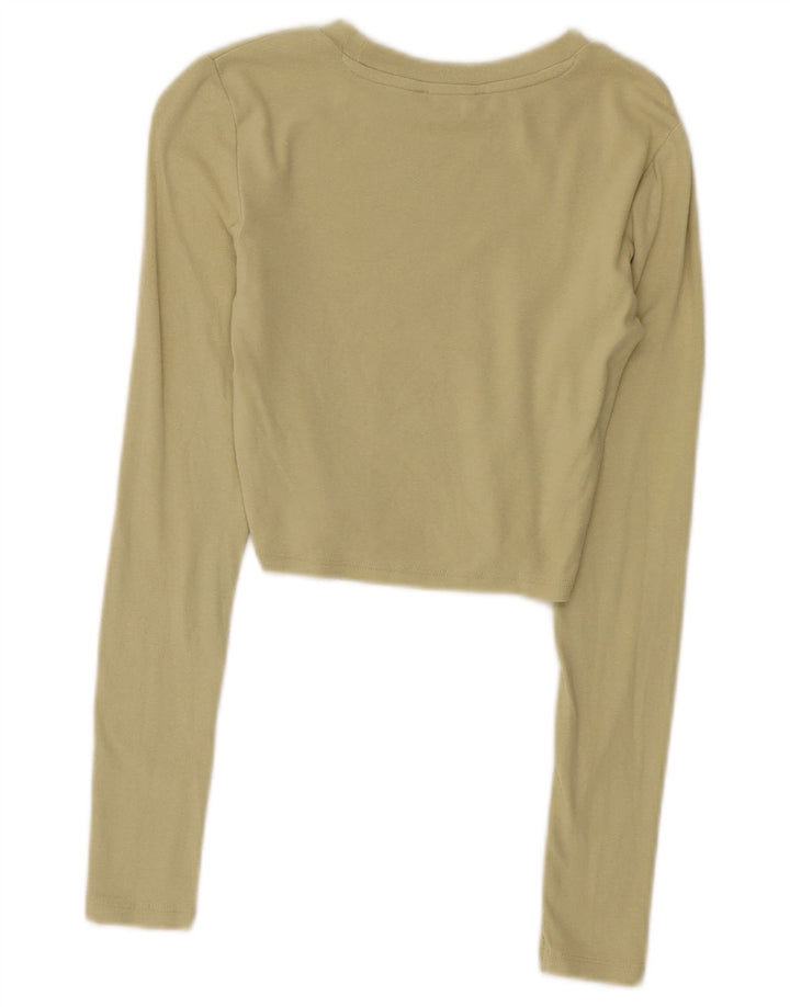 Zara Womens Crop Top Long Sleeve UK 8 Small Khaki Cotton