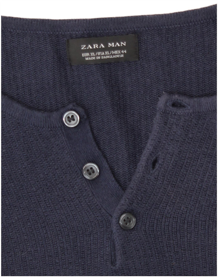 Zara Mens Button Neck Jumper Sweater XL Navy Blue