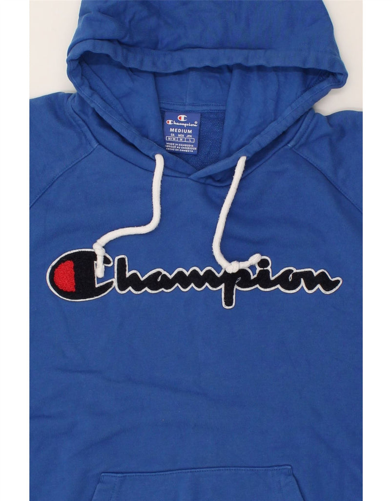 CHAMPION Mens Graphic Short Sleeve Hoodie Jumper Medium Blue Cotton | Vintage Champion | Thrift | Second-Hand Champion | Used Clothing | Messina Hembry 