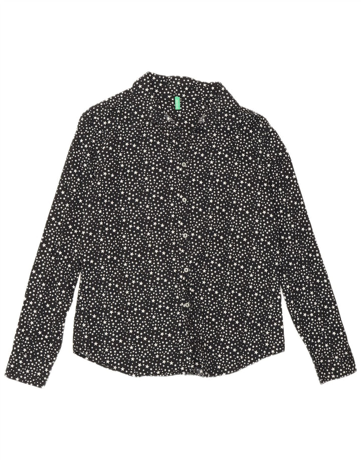 Benetton Womens Loose Fit Abstract Pattern Shirt UK 10 Small Black Cotton